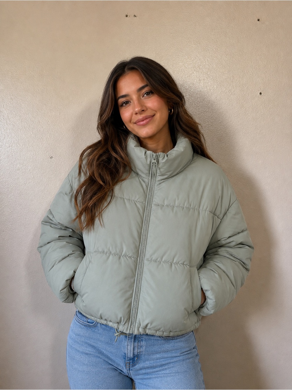H&M Light Sage Green Cropped Puffer Jacket